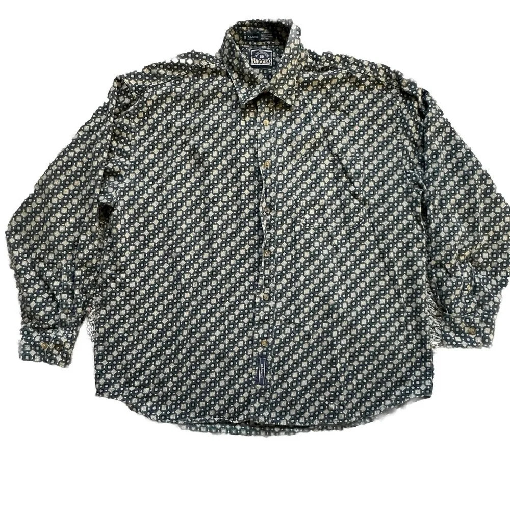BD Baggies 90s Shirt Preppy Geo Print Button Up Long Relaxed Mens XL